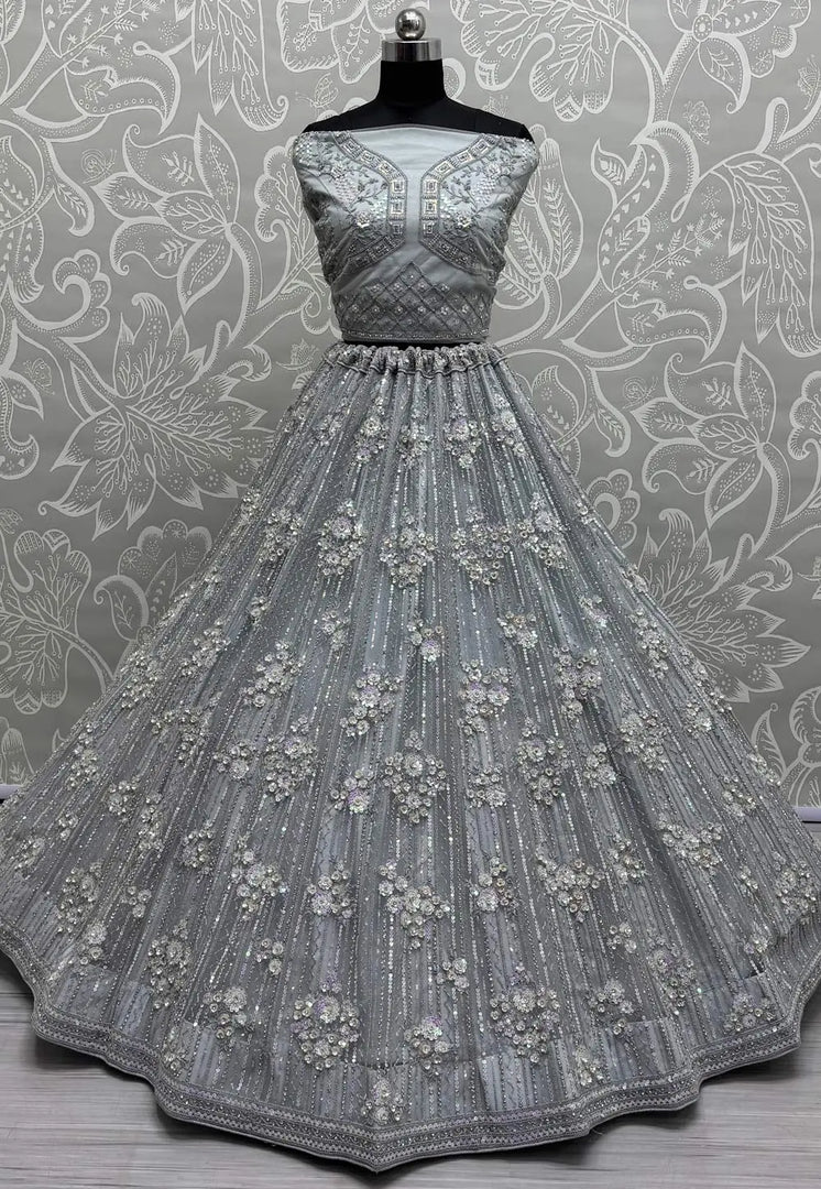 Grey Net Wedding Lehenga Choli