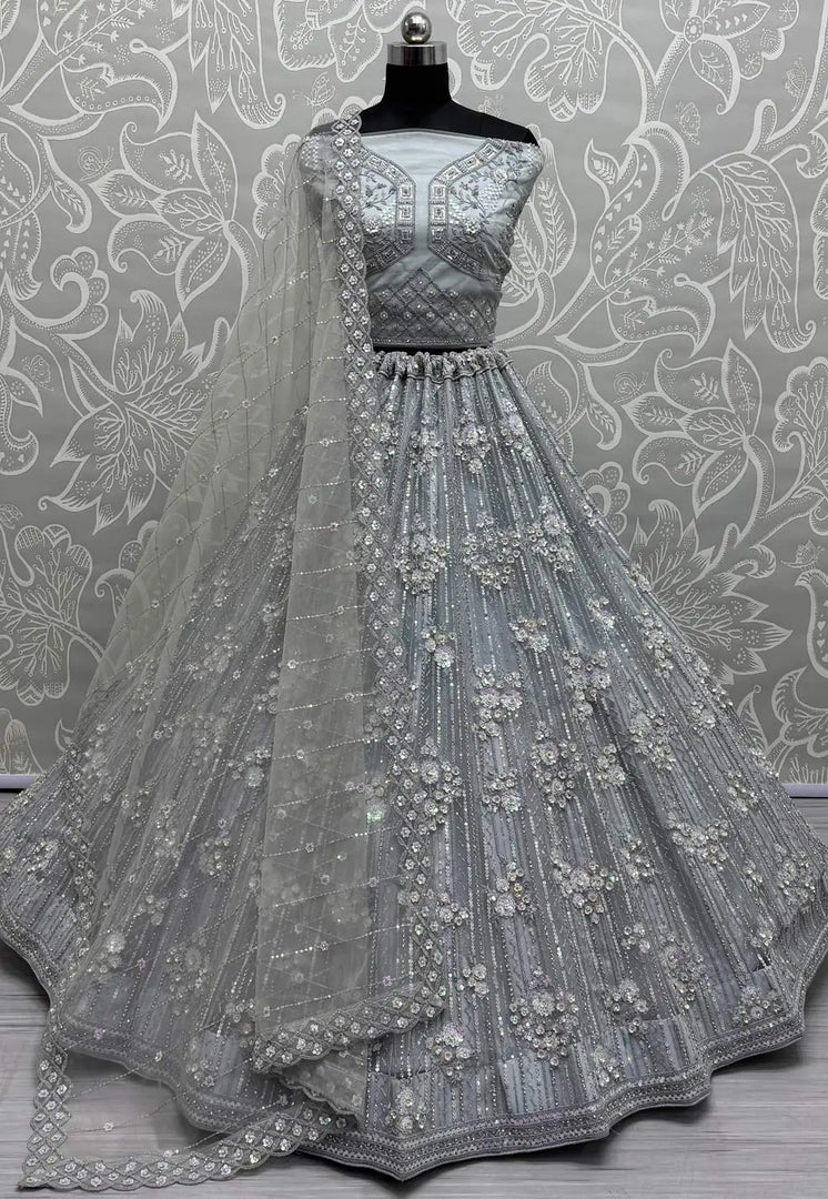 Grey Net Wedding Lehenga Choli