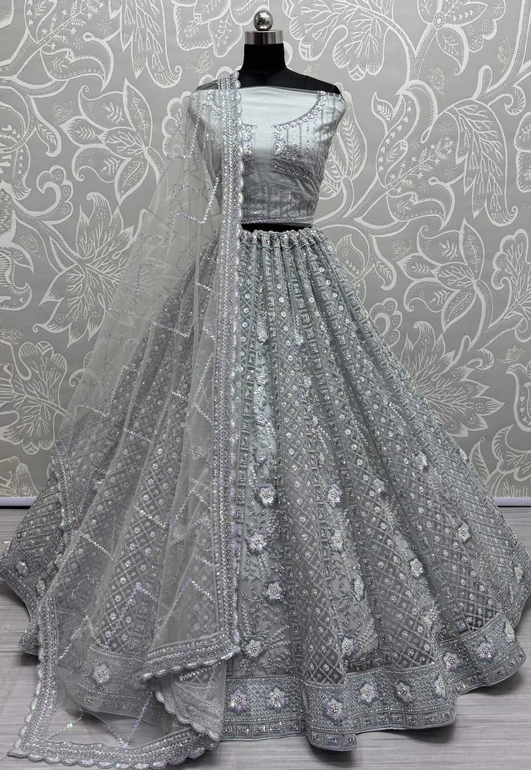 Grey Net Wedding Lehenga Choli