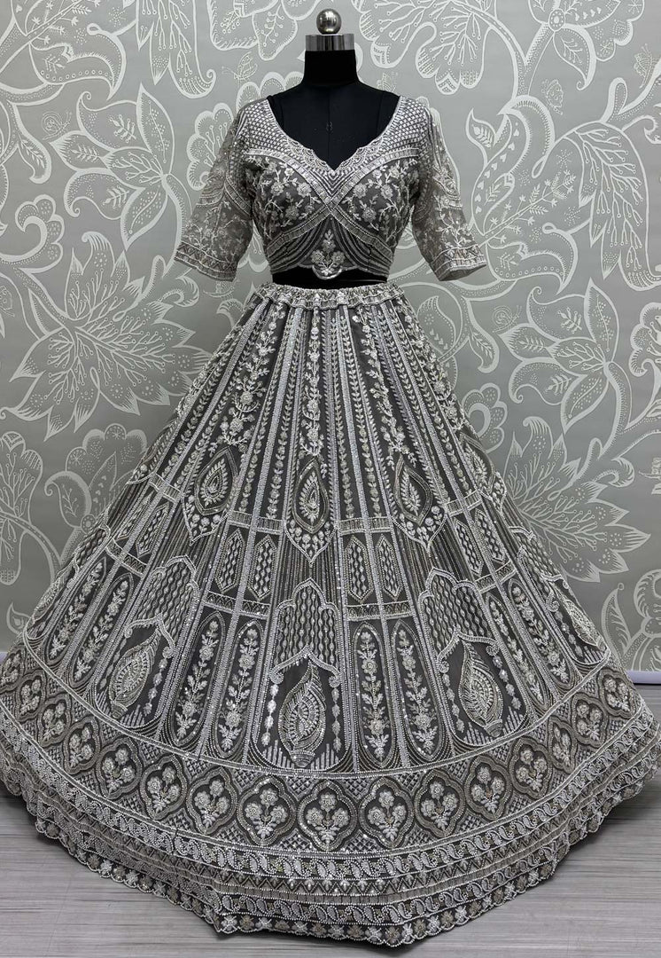 Grey Net Wedding Lehenga Choli