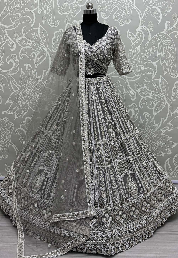 Grey Net Wedding Lehenga Choli