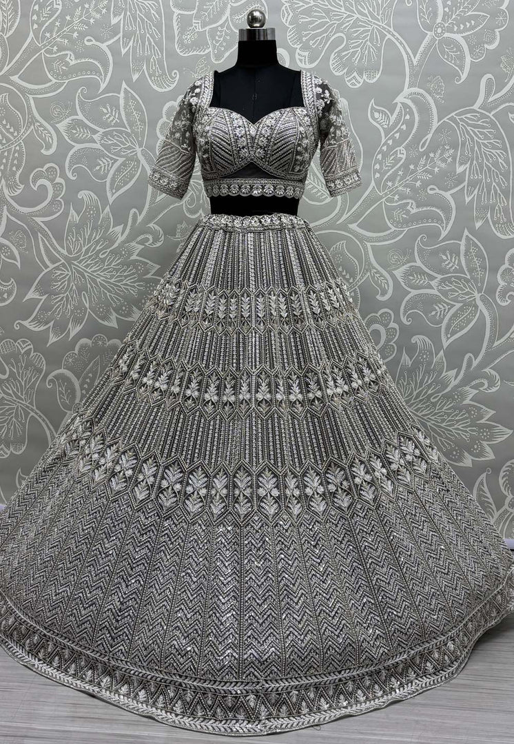Grey Net Wedding Lehenga Choli