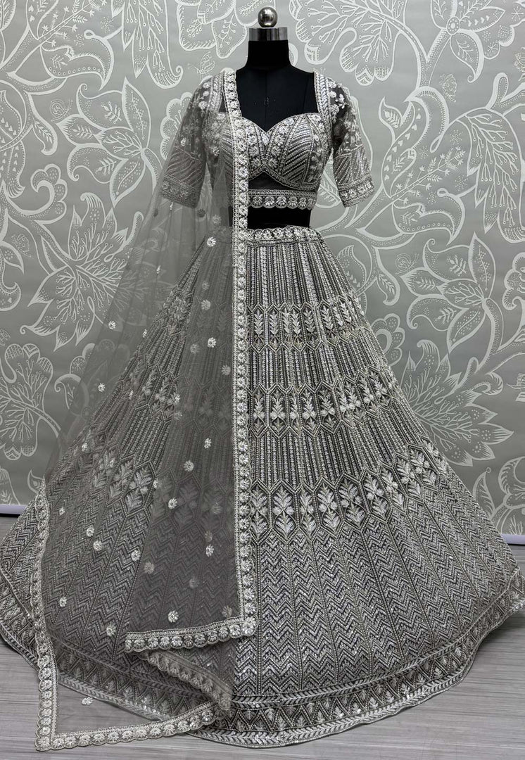 Grey Net Wedding Lehenga Choli