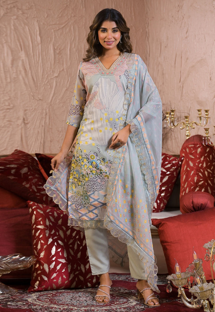 Grey Organza Readymade Pant Style Suit