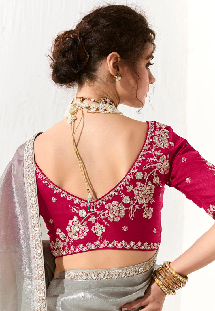 Grey Organza Saree With Blouse