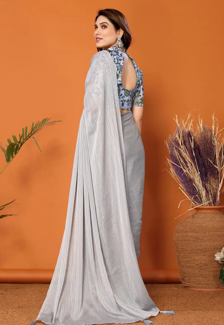 Grey Polyester Saree With Blouse
