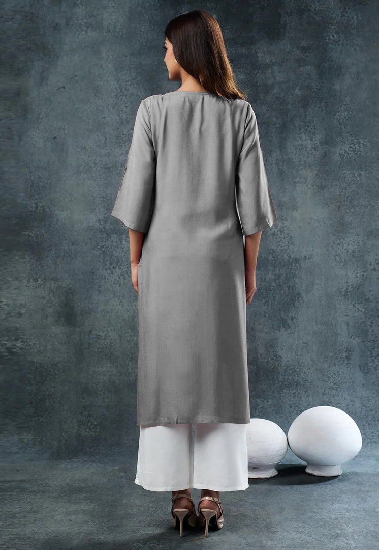 Grey Rayon Kurta Set With Palazzo