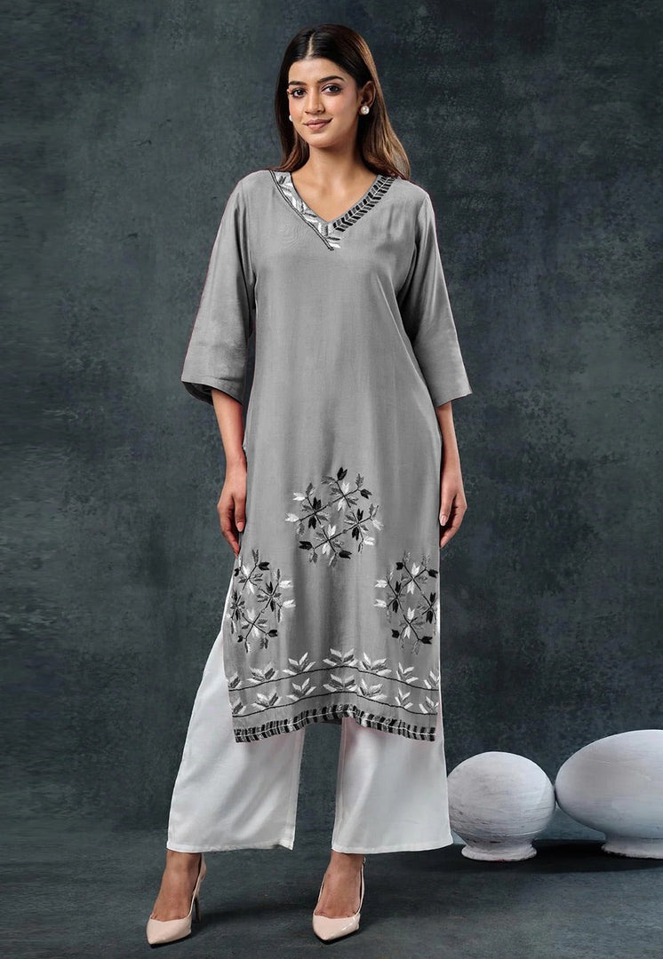Grey Rayon Kurta Set With Palazzo