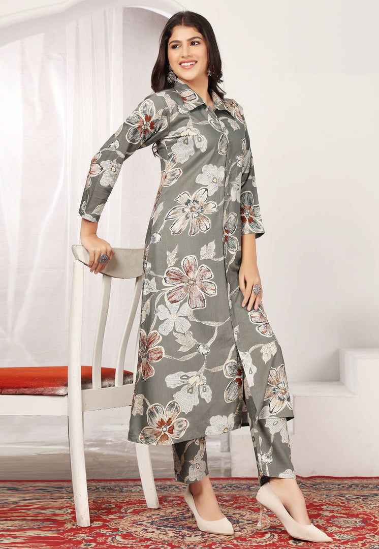Grey Rayon Kurta Set With Pant