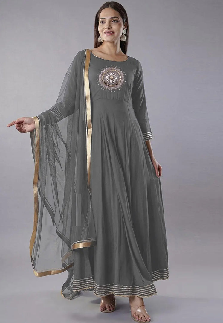 Grey Rayon Readymade Long Anarkali Suit