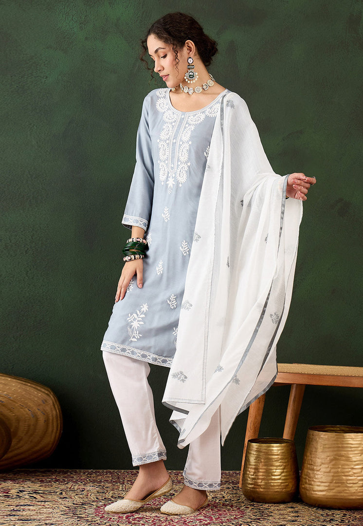 Grey Rayon Readymade Pant Style Suit