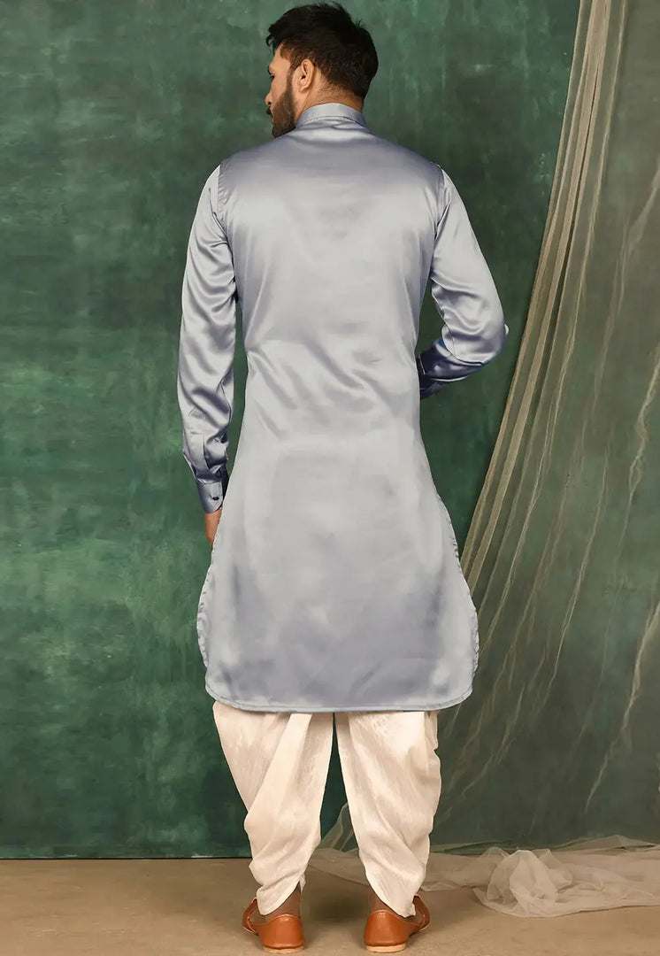 Grey Satin Pathani Suit