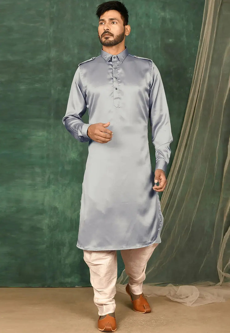 Grey Satin Pathani Suit