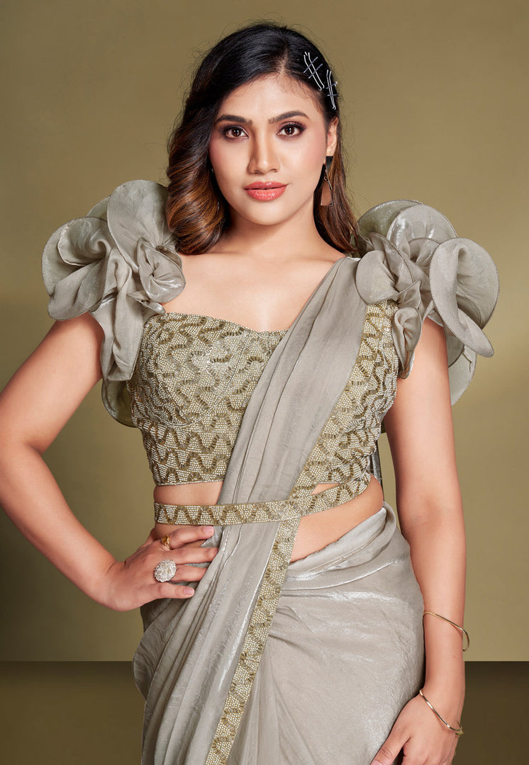 Grey Satin Silk Designer Saree