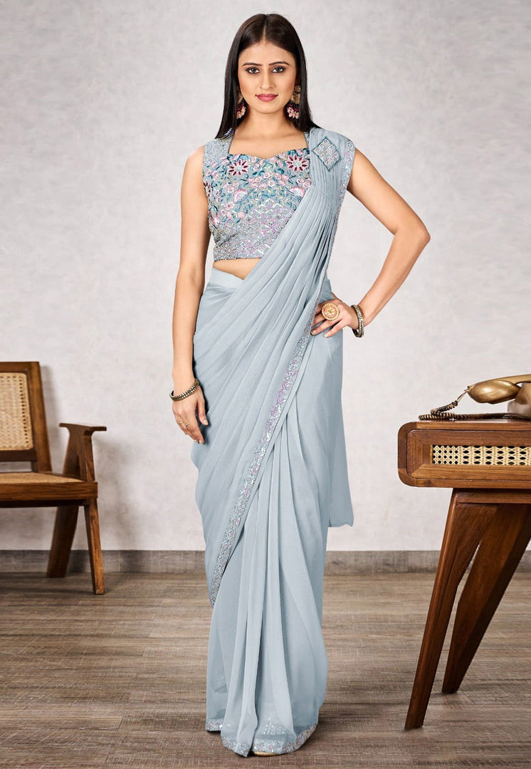 Grey Shimmer Georgette Saree With Blouse