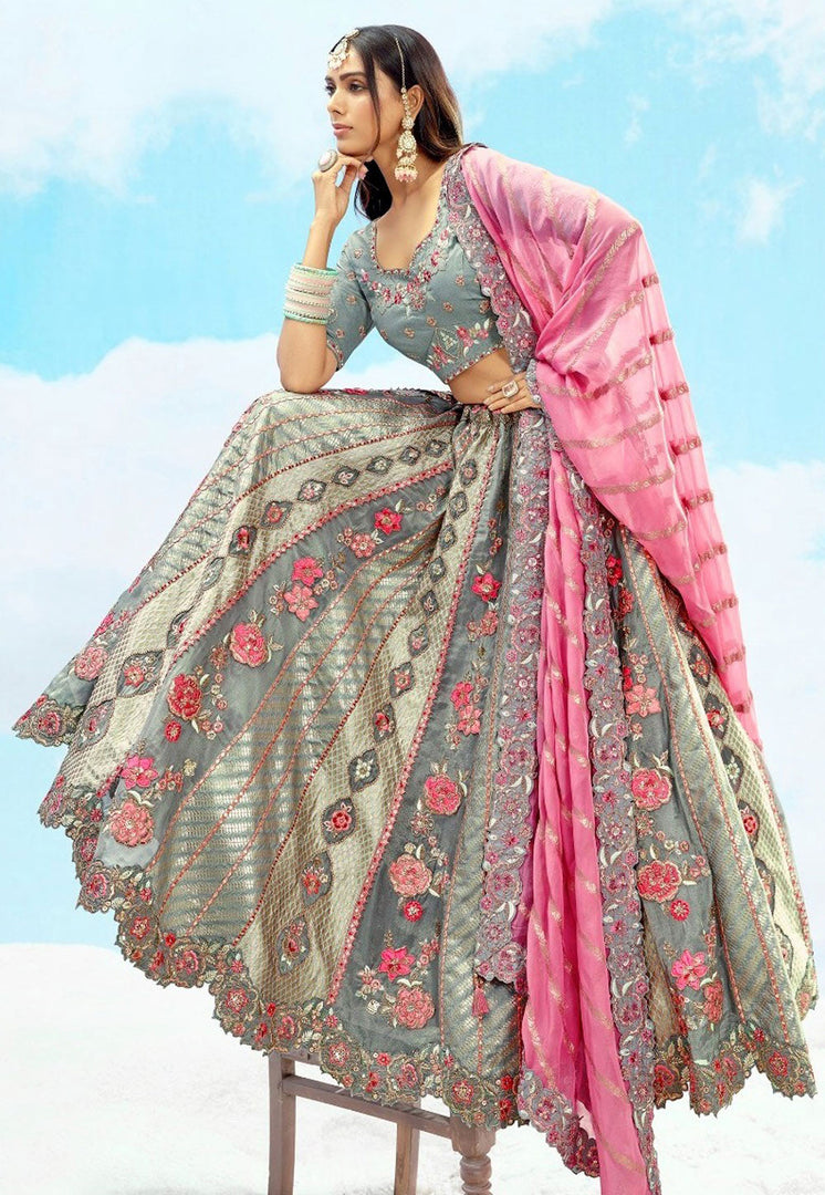 Grey Silk Circular Lehenga Choli