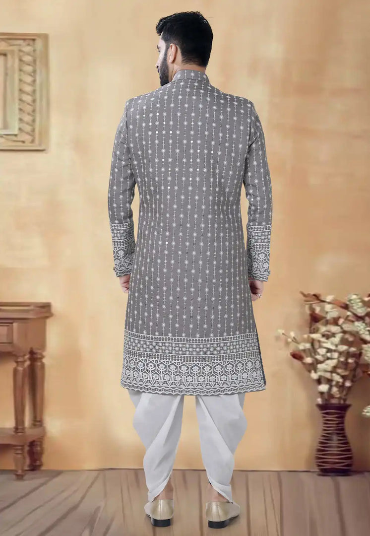 Grey Silk Dhoti Sherwani