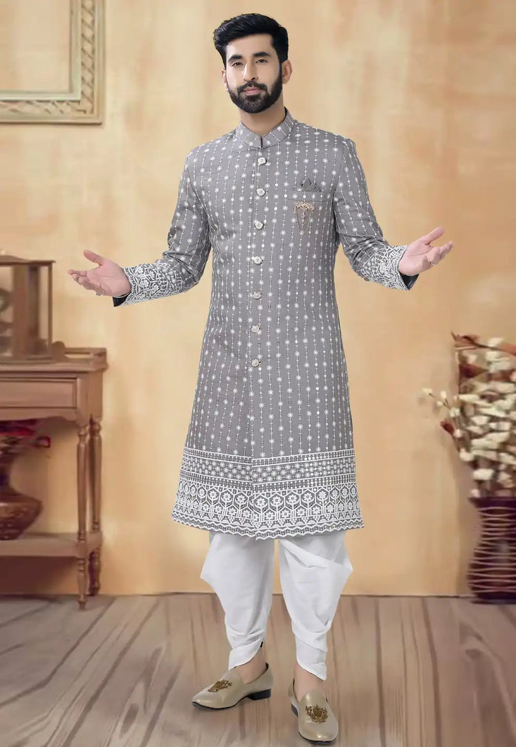 Grey Silk Dhoti Sherwani