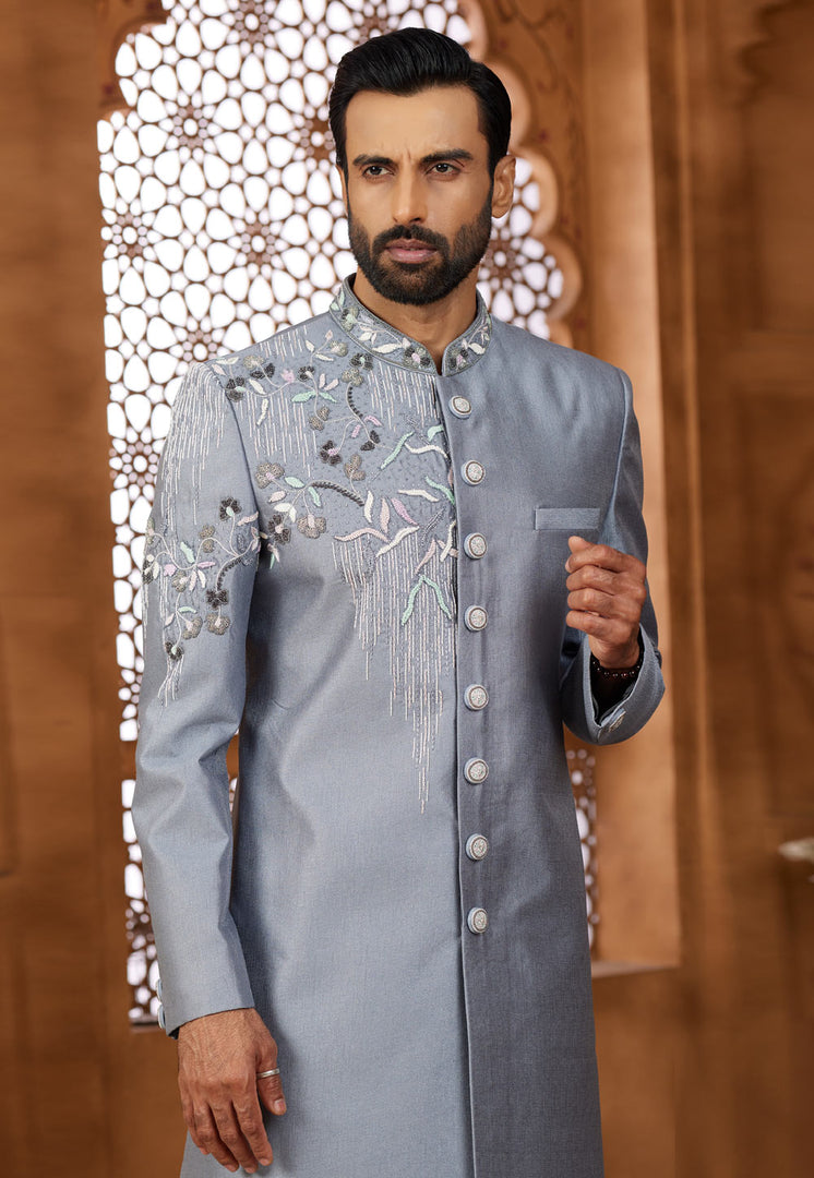 Grey Silk Indo Western Sherwani
