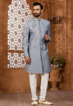 Load image into Gallery viewer, Grey Silk Indo Western Sherwani
