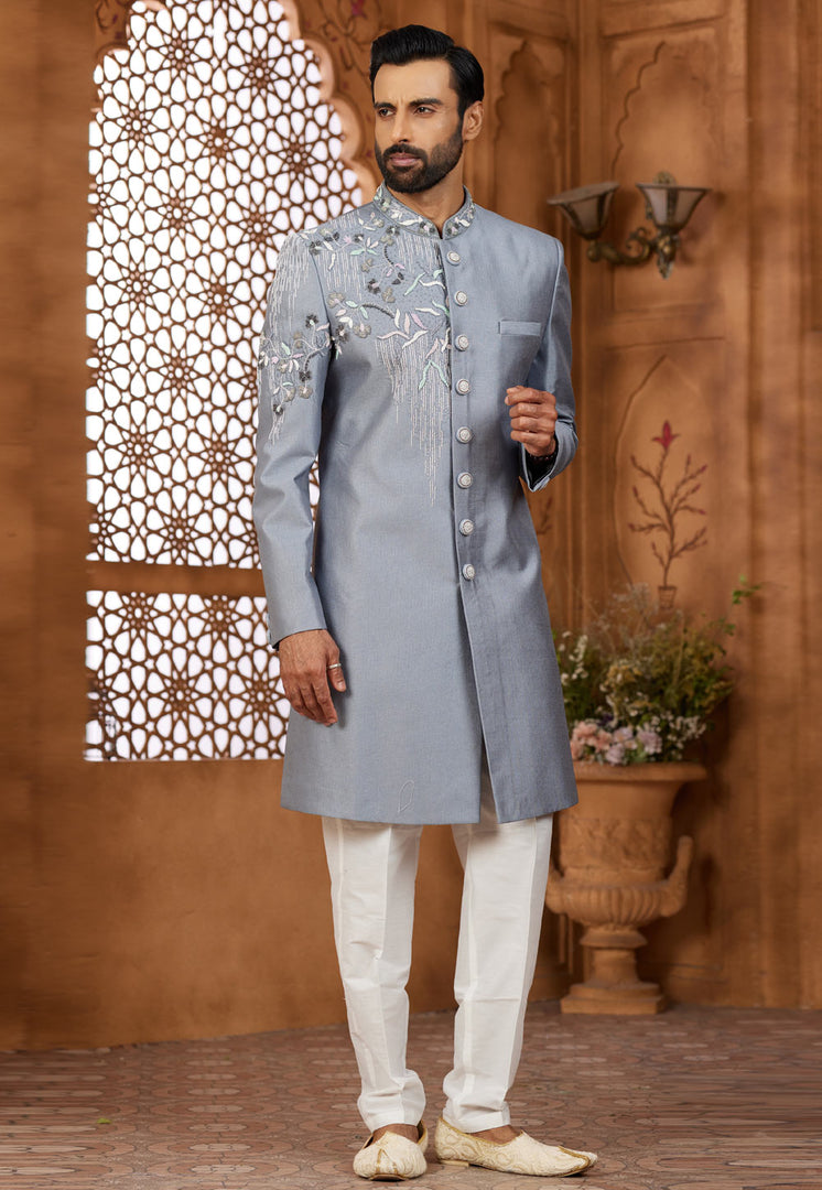 Grey Silk Indo Western Sherwani