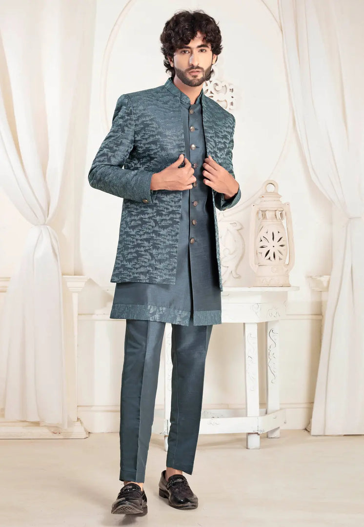 Grey Silk Jacket Style Sherwani
