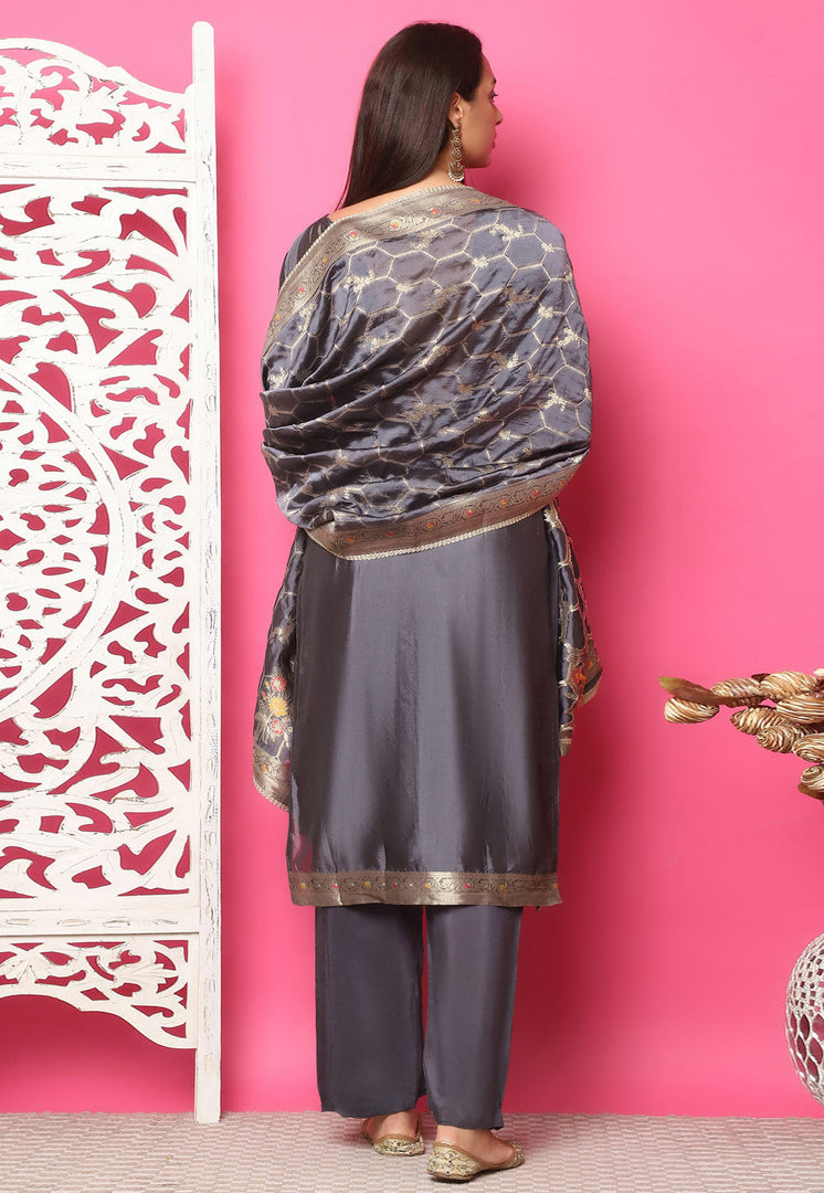 Grey Silk Jacquard Pakistani Suit