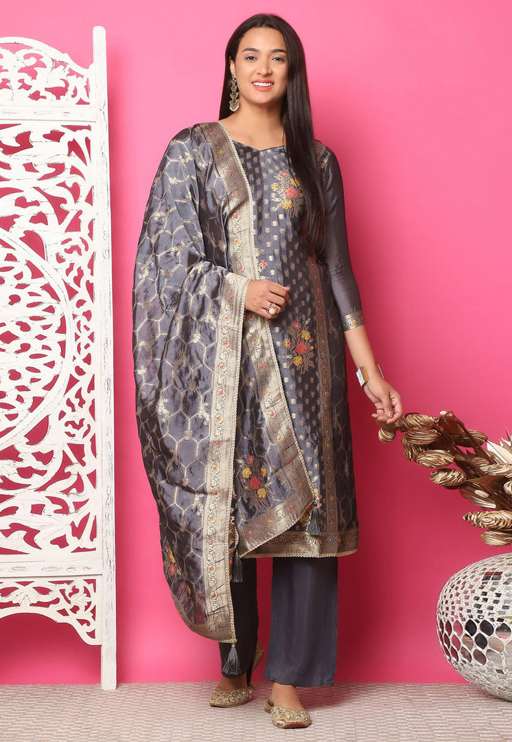 Grey Silk Jacquard Pakistani Suit