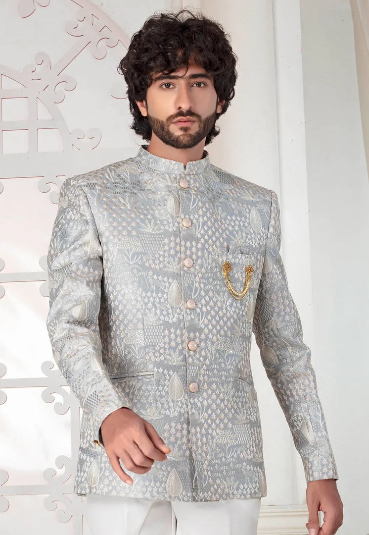Grey Silk Jodhpuri Suit