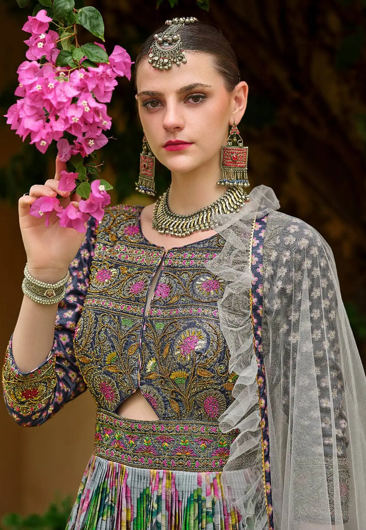 Grey Silk Long Anarkali Suit