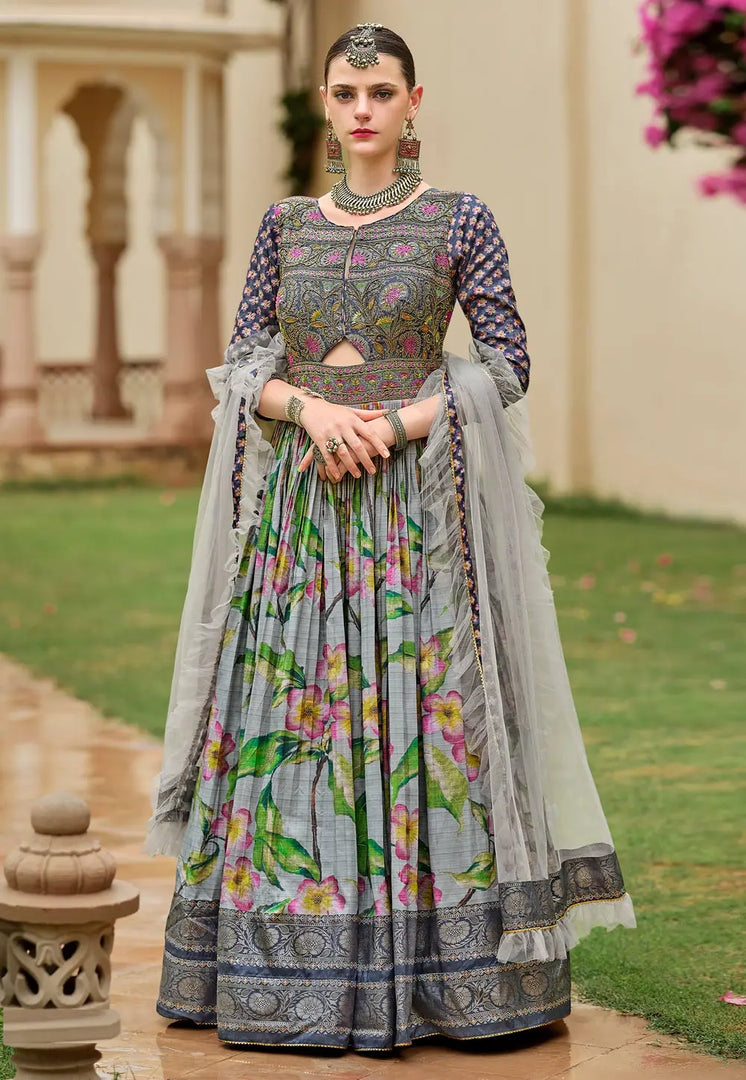 Grey Silk Long Anarkali Suit