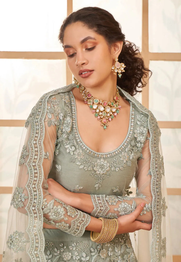 Grey Silk Net Wedding Lehenga Choli