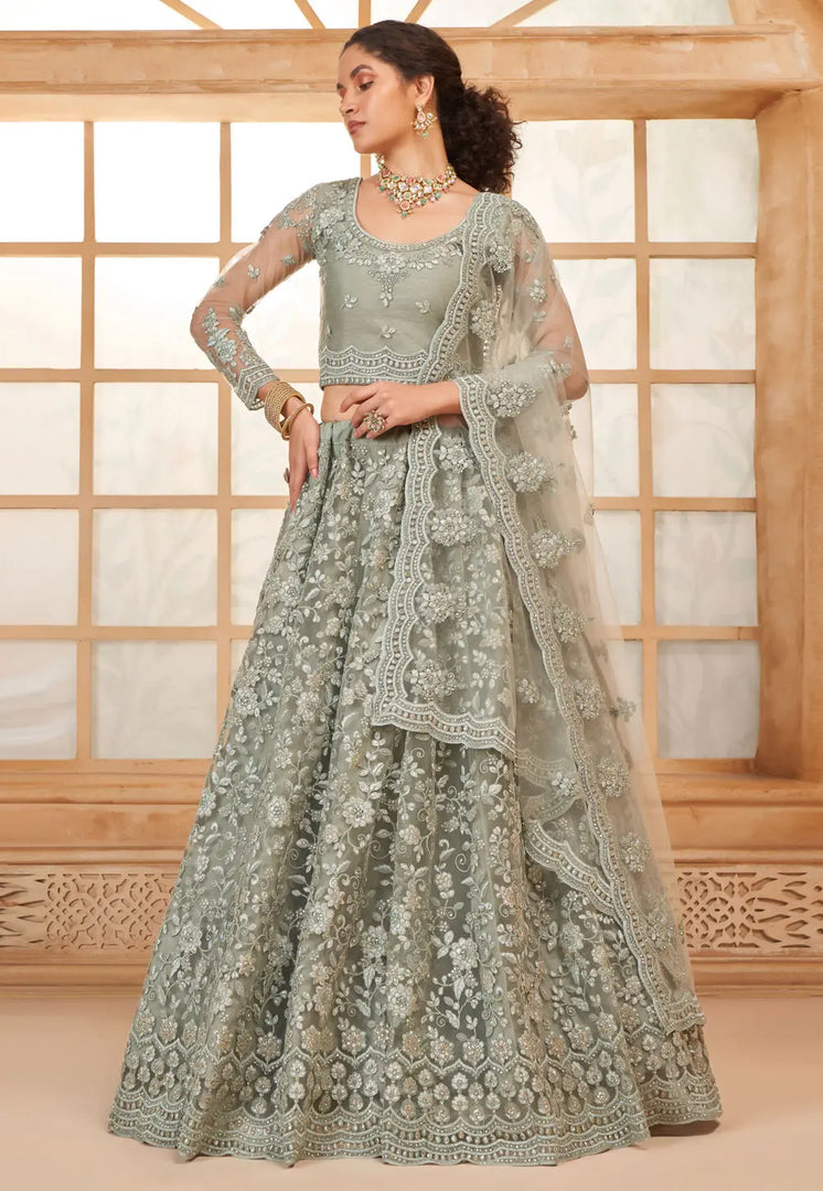 Grey Silk Net Wedding Lehenga Choli