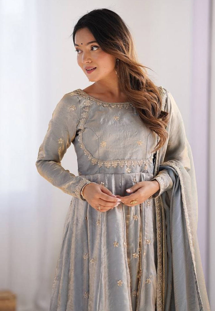 Grey Silk Readymade Anarkali Suit