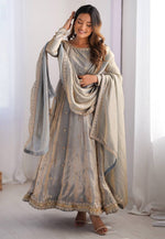 Load image into Gallery viewer, Grey Silk Readymade Anarkali Suit
