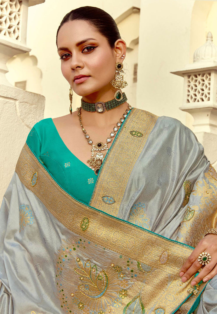 Grey Silk Saree With Blouse