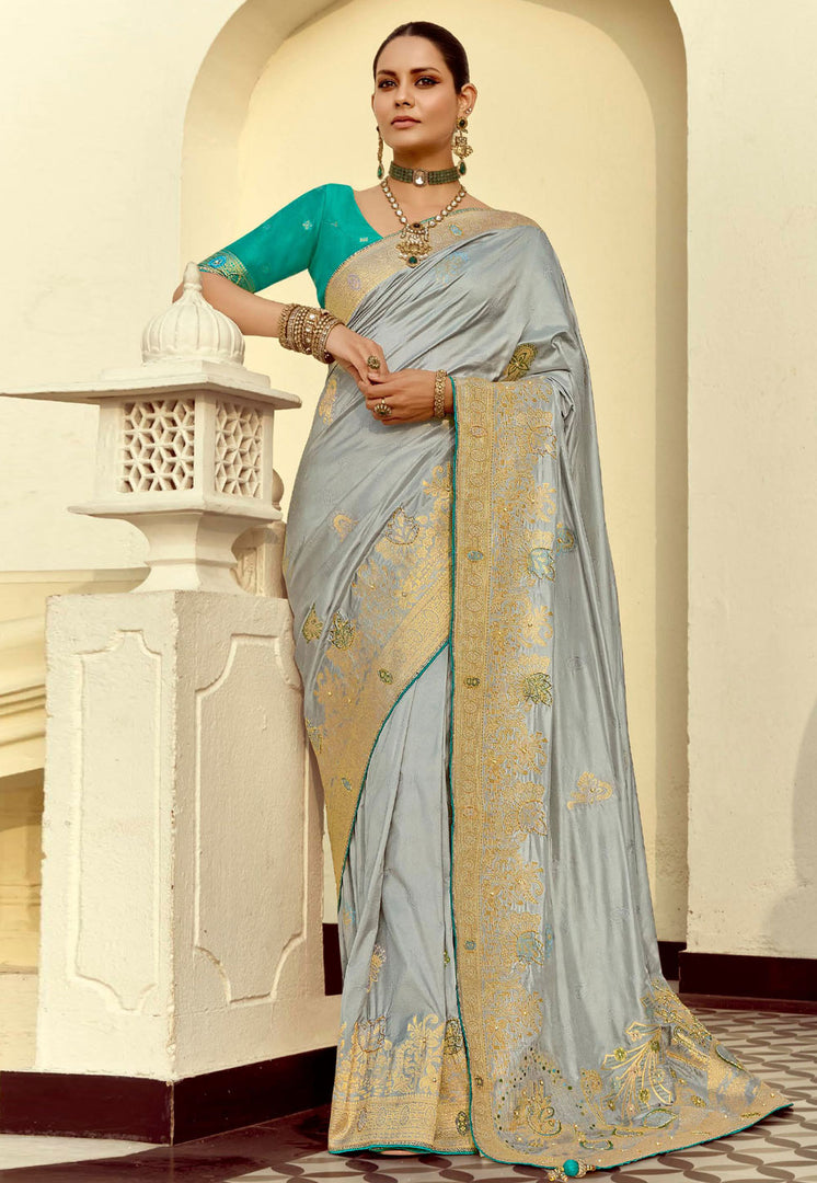 Grey Silk Saree With Blouse