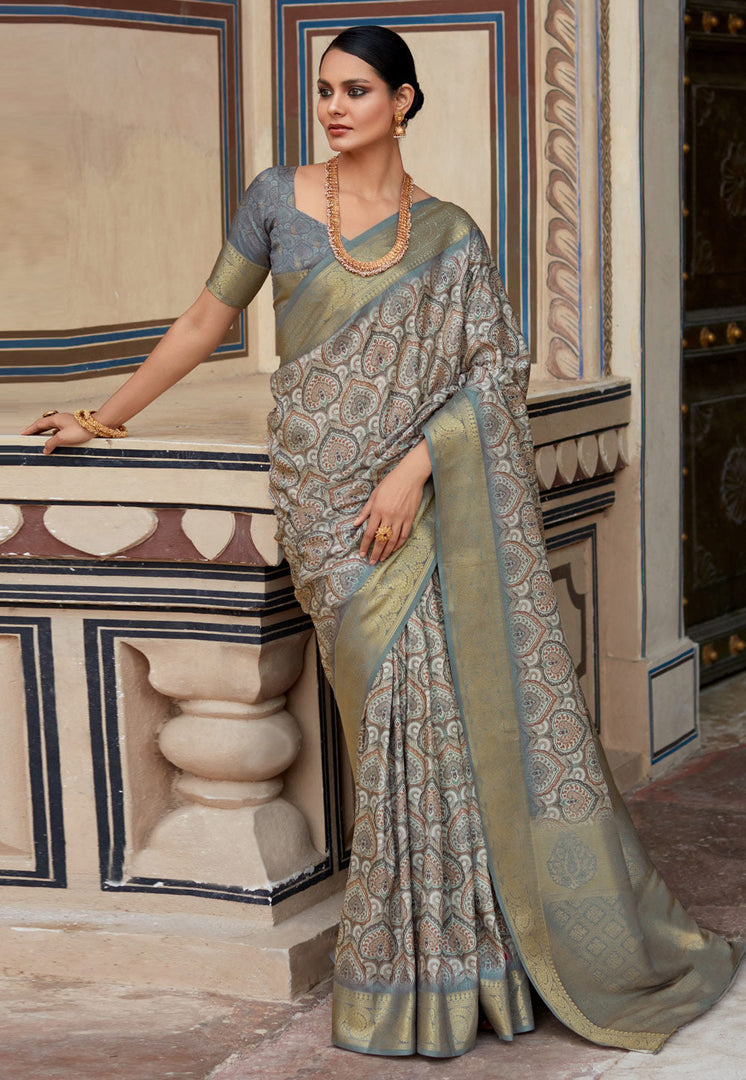 Grey Silk Saree With Blouse