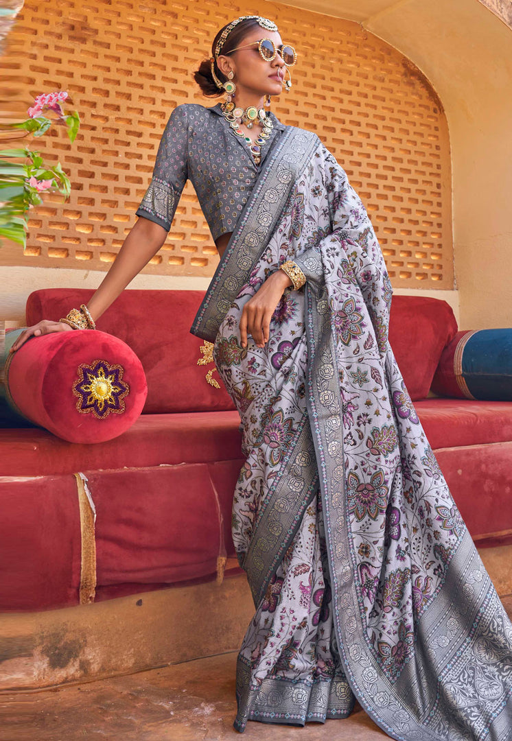 Grey Silk Saree With Blouse