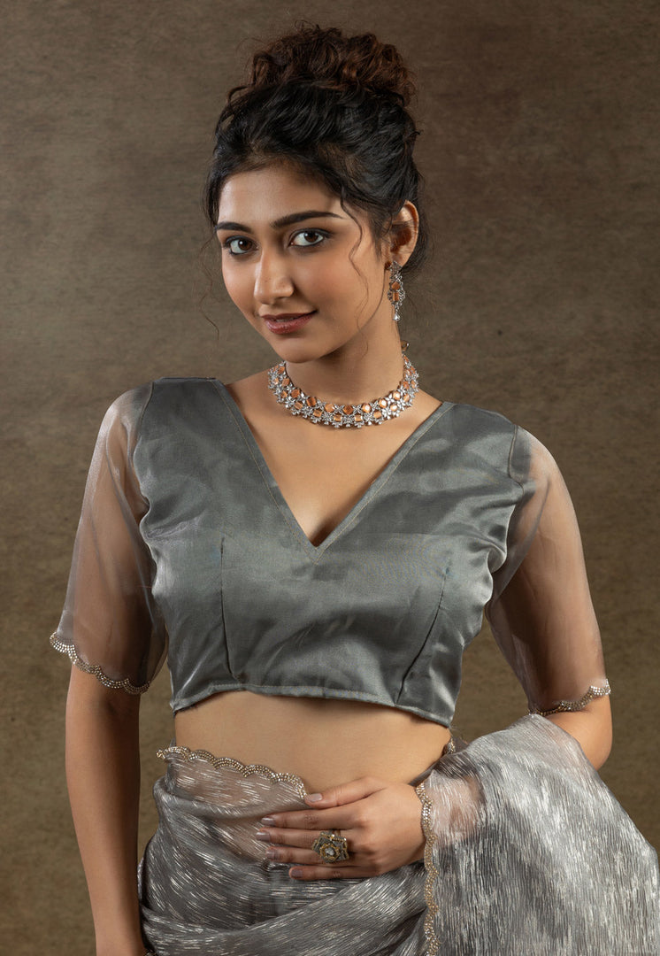 Grey Tissue Saree With Blouse