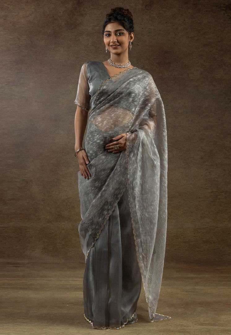 Grey Tissue Saree With Blouse