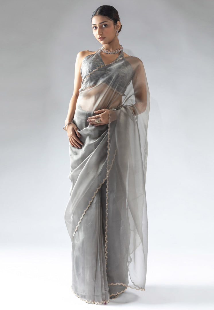 Grey Tissue Silk Saree With Blouse