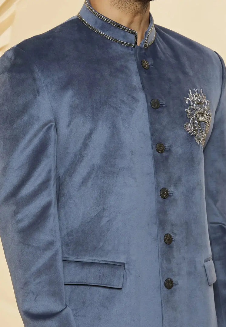 Grey Velvet Jodhpuri Suit