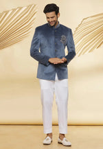 Load image into Gallery viewer, Grey Velvet Jodhpuri Suit
