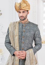 Load image into Gallery viewer, Grey Viscose Georgette Achkan Style Sherwani
