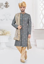 Load image into Gallery viewer, Grey Viscose Georgette Achkan Style Sherwani
