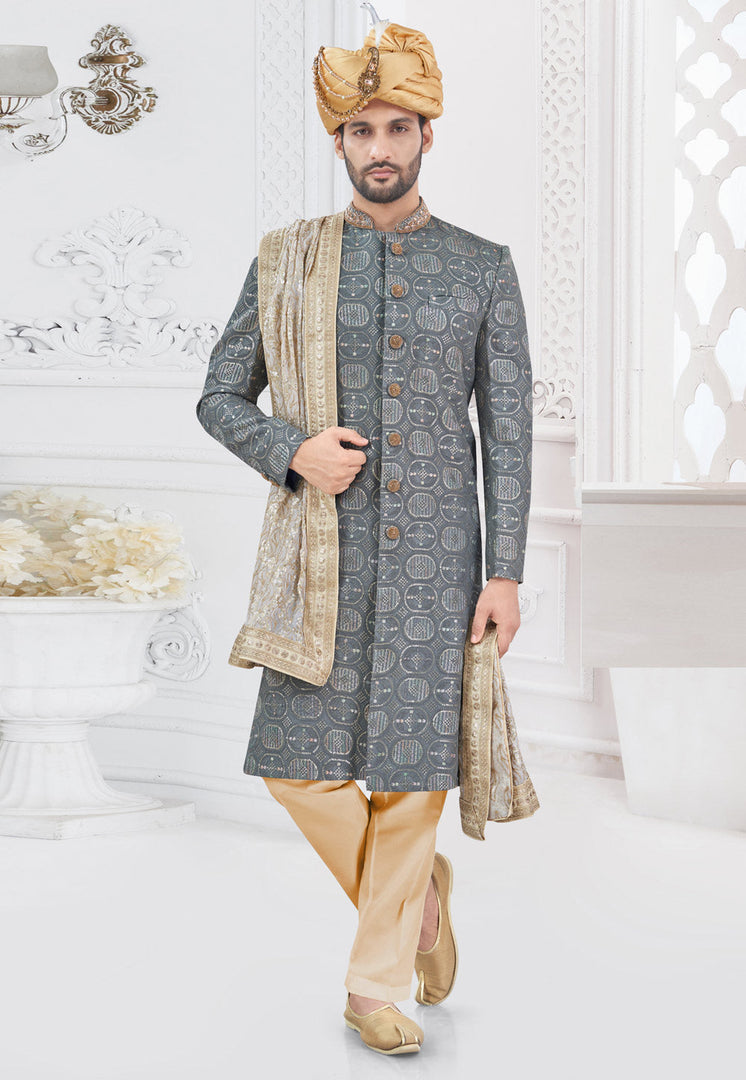 Grey Viscose Georgette Achkan Style Sherwani