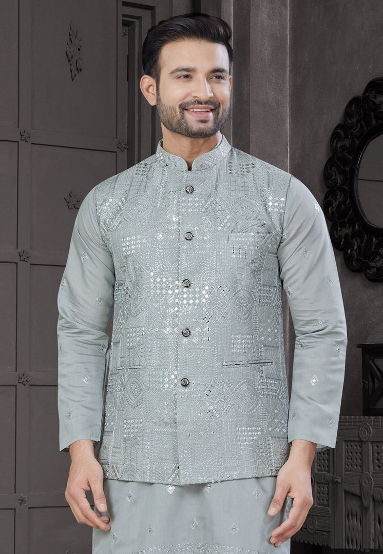 Grey Viscose Kurta Pajama With Jacket
