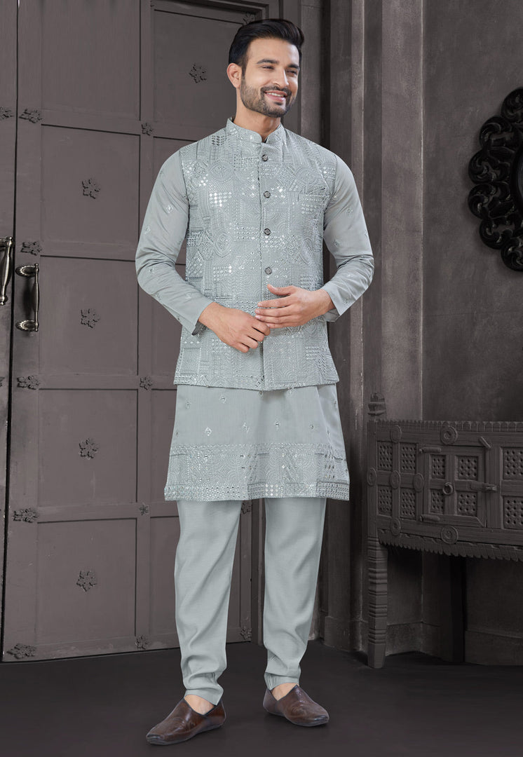 Grey Viscose Kurta Pajama With Jacket