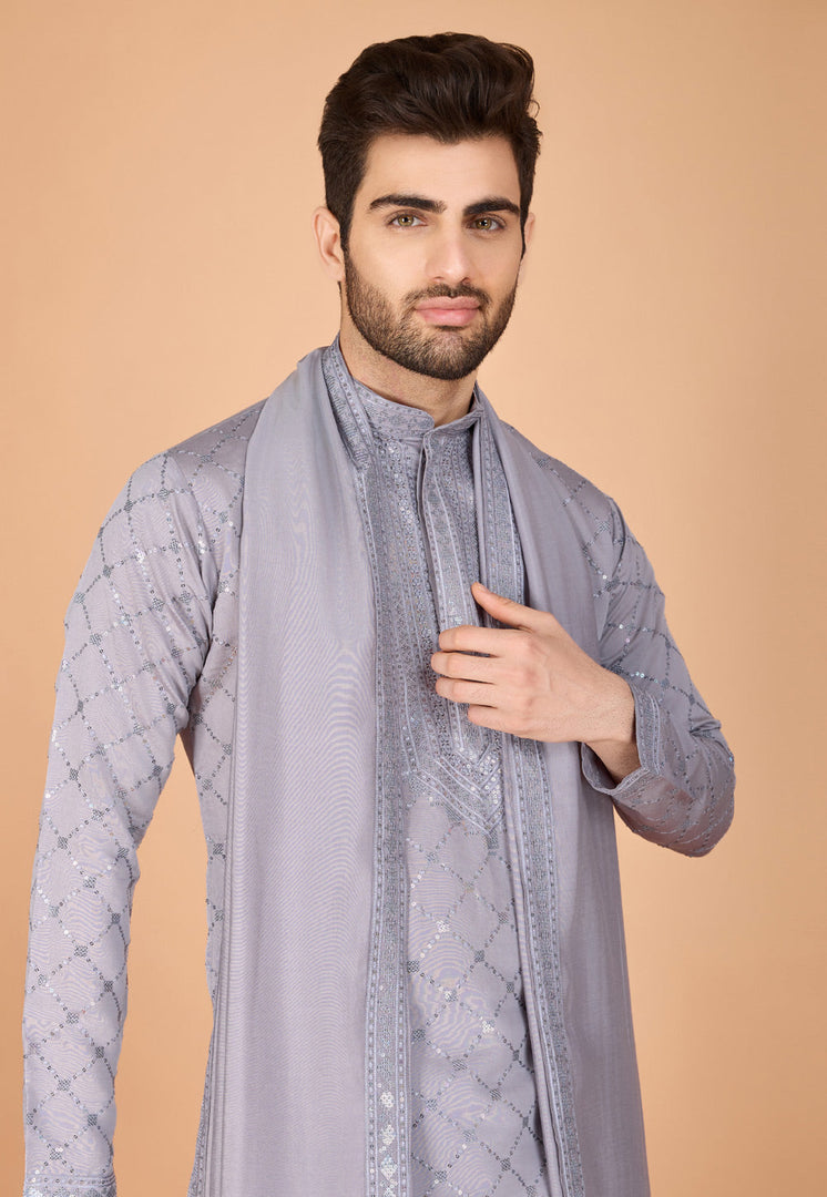 Grey Viscose Kurta Pajama With Stole